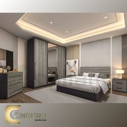 Arabic: غرفة نوم ماستر مودرن كاملة تشمل سرير ودولاب وتسريحة بتصميم فاخر. English: Complete Modern Master Bedroom Set including Bed, Wardrobe, and Dresser with luxury design.