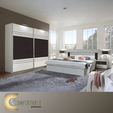 Arabic: غرفة نوم ماستر مودرن كاملة تشمل سرير ودولاب وتسريحة بتصميم فاخر. English: Complete Modern Master Bedroom Set including Bed, Wardrobe, and Dresser with luxury design.