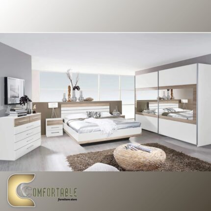 Arabic: غرفة نوم ماستر مودرن كاملة تشمل سرير ودولاب وتسريحة بتصميم فاخر. English: Complete Modern Master Bedroom Set including Bed, Wardrobe, and Dresser with luxury design.