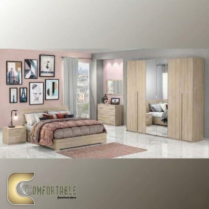 Arabic: غرفة نوم ماستر مودرن كاملة تشمل سرير ودولاب وتسريحة بتصميم فاخر. English: Complete Modern Master Bedroom Set including Bed, Wardrobe, and Dresser with luxury design.