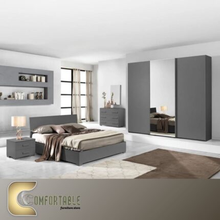 Arabic: غرفة نوم ماستر مودرن كاملة تشمل سرير ودولاب وتسريحة بتصميم فاخر. English: Complete Modern Master Bedroom Set including Bed, Wardrobe, and Dresser with luxury design.