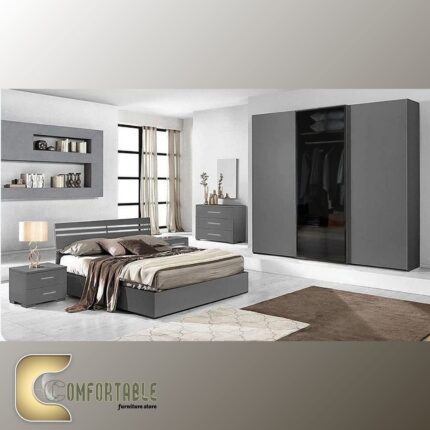 Arabic: غرفة نوم ماستر مودرن كاملة تشمل سرير ودولاب وتسريحة بتصميم فاخر. English: Complete Modern Master Bedroom Set including Bed, Wardrobe, and Dresser with luxury design.