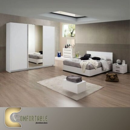 Arabic: غرفة نوم ماستر مودرن كاملة تشمل سرير ودولاب وتسريحة بتصميم فاخر. English: Complete Modern Master Bedroom Set including Bed, Wardrobe, and Dresser with luxury design.