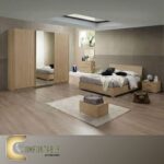 Arabic: غرفة نوم ماستر مودرن كاملة تشمل سرير ودولاب وتسريحة بتصميم فاخر. English: Complete Modern Master Bedroom Set including Bed, Wardrobe, and Dresser with luxury design.