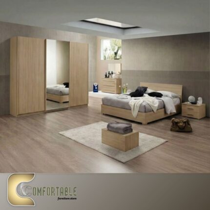 Arabic: غرفة نوم ماستر مودرن كاملة تشمل سرير ودولاب وتسريحة بتصميم فاخر. English: Complete Modern Master Bedroom Set including Bed, Wardrobe, and Dresser with luxury design.