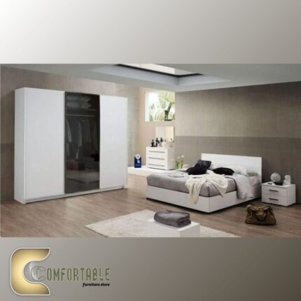 Arabic: غرفة نوم ماستر مودرن كاملة تشمل سرير ودولاب وتسريحة بتصميم فاخر. English: Complete Modern Master Bedroom Set including Bed, Wardrobe, and Dresser with luxury design.