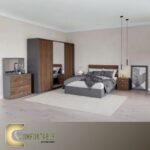 Arabic: غرفة نوم ماستر مودرن كاملة تشمل سرير ودولاب وتسريحة بتصميم فاخر. English: Complete Modern Master Bedroom Set including Bed, Wardrobe, and Dresser with luxury design.