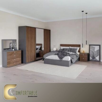 Arabic: غرفة نوم ماستر مودرن كاملة تشمل سرير ودولاب وتسريحة بتصميم فاخر. English: Complete Modern Master Bedroom Set including Bed, Wardrobe, and Dresser with luxury design.