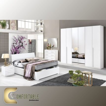 Arabic: غرفة نوم ماستر مودرن كاملة تشمل سرير ودولاب وتسريحة بتصميم فاخر. English: Complete Modern Master Bedroom Set including Bed, Wardrobe, and Dresser with luxury design.