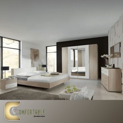 Arabic: غرفة نوم ماستر مودرن كاملة تشمل سرير ودولاب وتسريحة بتصميم فاخر. English: Complete Modern Master Bedroom Set including Bed, Wardrobe, and Dresser with luxury design.