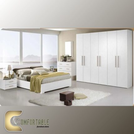 Arabic: غرفة نوم ماستر مودرن كاملة تشمل سرير ودولاب وتسريحة بتصميم فاخر. English: Complete Modern Master Bedroom Set including Bed, Wardrobe, and Dresser with luxury design.