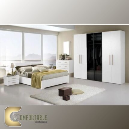 Arabic: غرفة نوم ماستر مودرن كاملة تشمل سرير ودولاب وتسريحة بتصميم فاخر. English: Complete Modern Master Bedroom Set including Bed, Wardrobe, and Dresser with luxury design.