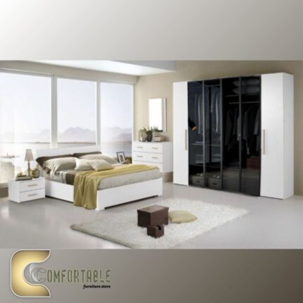 Arabic: غرفة نوم ماستر مودرن كاملة تشمل سرير ودولاب وتسريحة بتصميم فاخر. English: Complete Modern Master Bedroom Set including Bed, Wardrobe, and Dresser with luxury design.