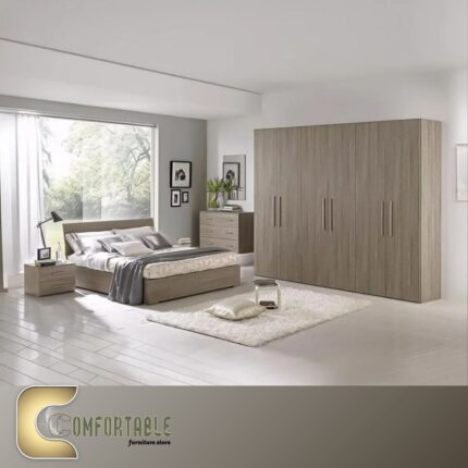 Arabic: غرفة نوم ماستر مودرن كاملة تشمل سرير ودولاب وتسريحة بتصميم فاخر. English: Complete Modern Master Bedroom Set including Bed, Wardrobe, and Dresser with luxury design.