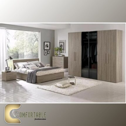 Arabic: غرفة نوم ماستر مودرن كاملة تشمل سرير ودولاب وتسريحة بتصميم فاخر. English: Complete Modern Master Bedroom Set including Bed, Wardrobe, and Dresser with luxury design.
