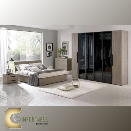 Arabic: غرفة نوم ماستر مودرن كاملة تشمل سرير ودولاب وتسريحة بتصميم فاخر. English: Complete Modern Master Bedroom Set including Bed, Wardrobe, and Dresser with luxury design.
