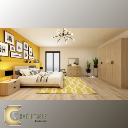 Arabic: غرفة نوم ماستر مودرن كاملة تشمل سرير ودولاب وتسريحة بتصميم فاخر. English: Complete Modern Master Bedroom Set including Bed, Wardrobe, and Dresser with luxury design.
