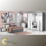 Arabic: غرفة نوم ماستر مودرن كاملة تشمل سرير ودولاب وتسريحة بتصميم فاخر. English: Complete Modern Master Bedroom Set including Bed, Wardrobe, and Dresser with luxury design.