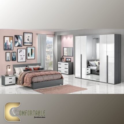 Arabic: غرفة نوم ماستر مودرن كاملة تشمل سرير ودولاب وتسريحة بتصميم فاخر. English: Complete Modern Master Bedroom Set including Bed, Wardrobe, and Dresser with luxury design.