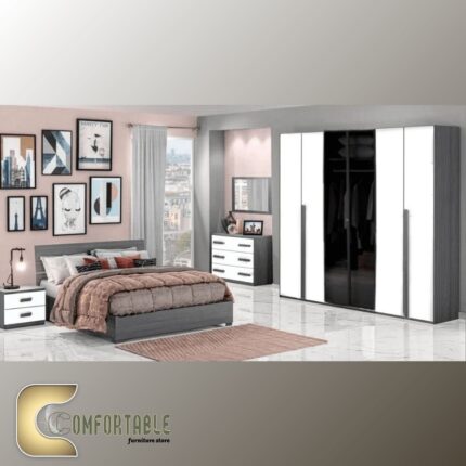 Arabic: غرفة نوم ماستر مودرن كاملة تشمل سرير ودولاب وتسريحة بتصميم فاخر. English: Complete Modern Master Bedroom Set including Bed, Wardrobe, and Dresser with luxury design.
