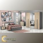 Arabic: غرفة نوم ماستر مودرن كاملة تشمل سرير ودولاب وتسريحة بتصميم فاخر. English: Complete Modern Master Bedroom Set including Bed, Wardrobe, and Dresser with luxury design.