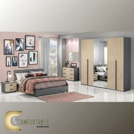 Arabic: غرفة نوم ماستر مودرن كاملة تشمل سرير ودولاب وتسريحة بتصميم فاخر. English: Complete Modern Master Bedroom Set including Bed, Wardrobe, and Dresser with luxury design.