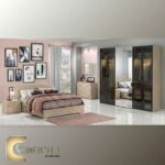 Arabic: غرفة نوم ماستر مودرن كاملة تشمل سرير ودولاب وتسريحة بتصميم فاخر. English: Complete Modern Master Bedroom Set including Bed, Wardrobe, and Dresser with luxury design.