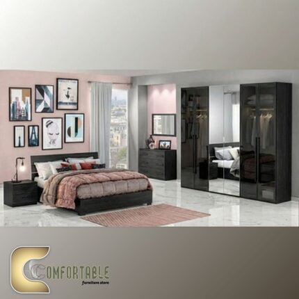 Arabic: غرفة نوم ماستر مودرن كاملة تشمل سرير ودولاب وتسريحة بتصميم فاخر. English: Complete Modern Master Bedroom Set including Bed, Wardrobe, and Dresser with luxury design.