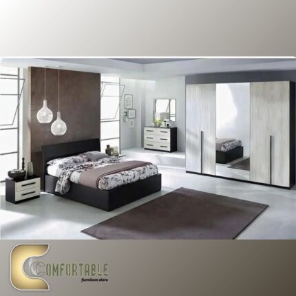 Arabic: غرفة نوم ماستر مودرن كاملة تشمل سرير ودولاب وتسريحة بتصميم فاخر. English: Complete Modern Master Bedroom Set including Bed, Wardrobe, and Dresser with luxury design.