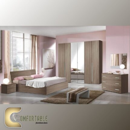 Arabic: غرفة نوم ماستر مودرن كاملة تشمل سرير ودولاب وتسريحة بتصميم فاخر. English: Complete Modern Master Bedroom Set including Bed, Wardrobe, and Dresser with luxury design.