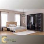 Arabic: غرفة نوم ماستر مودرن كاملة تشمل سرير ودولاب وتسريحة بتصميم فاخر. English: Complete Modern Master Bedroom Set including Bed, Wardrobe, and Dresser with luxury design.