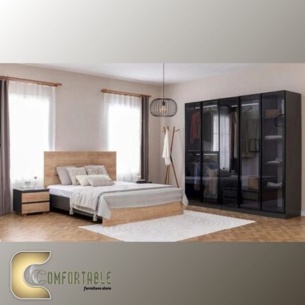 Arabic: غرفة نوم ماستر مودرن كاملة تشمل سرير ودولاب وتسريحة بتصميم فاخر. English: Complete Modern Master Bedroom Set including Bed, Wardrobe, and Dresser with luxury design.