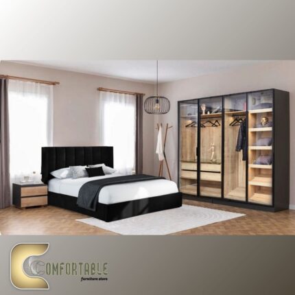 Arabic: غرفة نوم ماستر مودرن كاملة تشمل سرير ودولاب وتسريحة بتصميم فاخر. English: Complete Modern Master Bedroom Set including Bed, Wardrobe, and Dresser with luxury design.