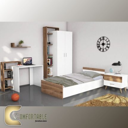 غرفة نوم أطفال مودرن بتصميم عصري مع سرير ووحدات تخزين ذكية